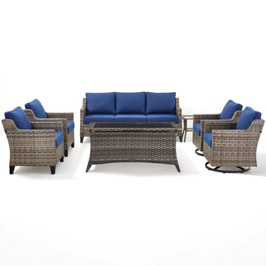 Belord 7-piece patio conversation set with sofa, swivel chairs, coffee table, and side table for outdoor relaxing.