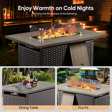 Belord 7-piece wicker swivel glider sofa and fire pit table set from the OVOL Series, outdoor patio fire table set with comfortable seating.