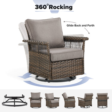 Belord outdoor wicker swivel glider patio chair with 4-inch wide armrests, SS Series, showing comfortable woven wicker design.