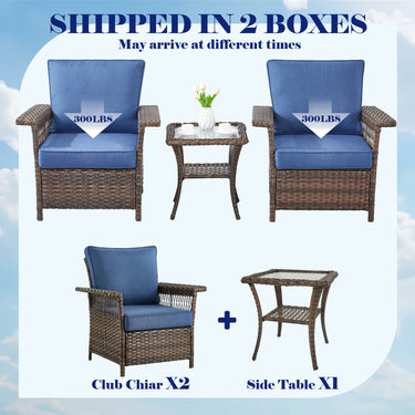 Set of three Belord outdoor wicker patio chairs with matching side table, featuring woven wicker design and sturdy metal frames.