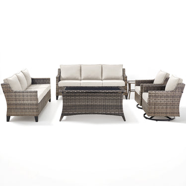 Belord 6-piece outdoor patio furniture set with wicker sofas, swivel chairs, coffee table, and side table for outdoor conversation.