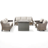 Belord 6-piece fire pit patio set with twin sofas, swivel chairs, side table, and hearth for outdoor relaxation and entertaining.