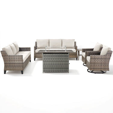 Belord 6-piece fire pit patio set with twin sofas, swivel chairs, side table, and hearth for outdoor relaxation and entertaining.