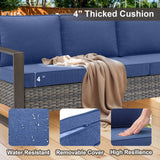 Belord deep-seat wicker patio sofa with wood grain frame, spacious 3-person outdoor conversation set from the HOP Series.