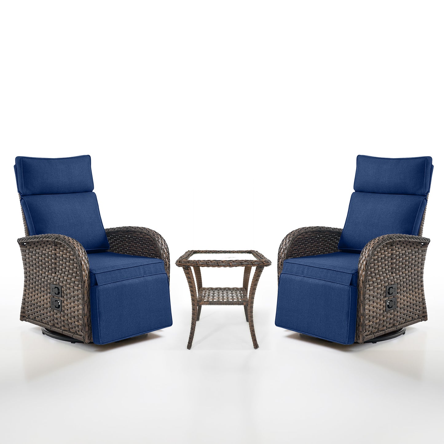 Luxury 3-Piece Adjustable Swivel Set - 360° Rotating PE Wicker Recliners with Side Tables, NDS Series