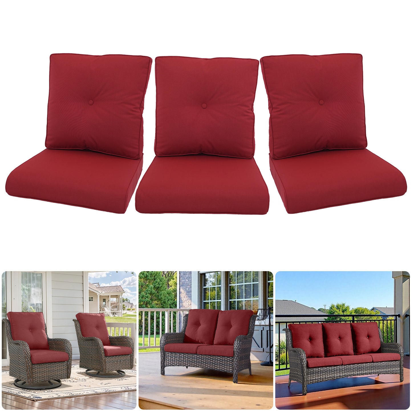 Outdoor Furniture Cushions with Removable Covers - Set of 6 (3 Seat & 3 Back) 22x24x4 Inch Patio Pillows