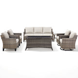 Belord 7-piece patio conversation set with sofa, swivel chairs, coffee table, and side table for outdoor relaxation.