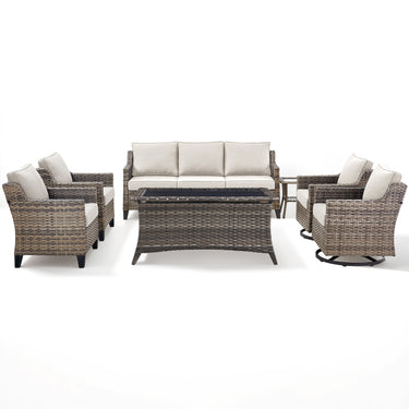 Belord 7-piece patio conversation set with sofa, swivel chairs, coffee table, and side table for outdoor relaxation.