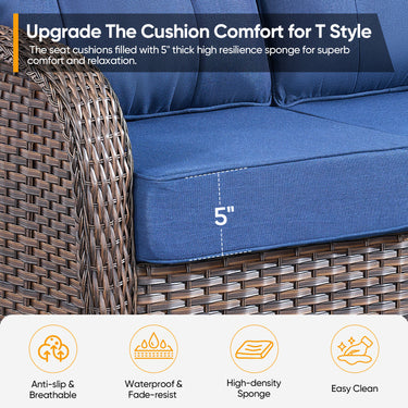 Belord T-Series 3-seater patio sofa with T-back design and 5-inch high-density cushions, ideal for outdoor conversation setups.
