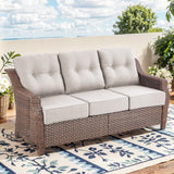 Belord outdoor wicker 3-seat sofa from the OVOLO series with thick cushions, ideal for patio conversation and outdoor lounging.