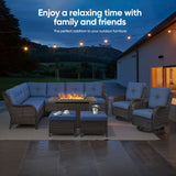 Belord 41-inch rectangular propane fire pit table with wicker and steel design, glass cover, and hidden tank for patio use.