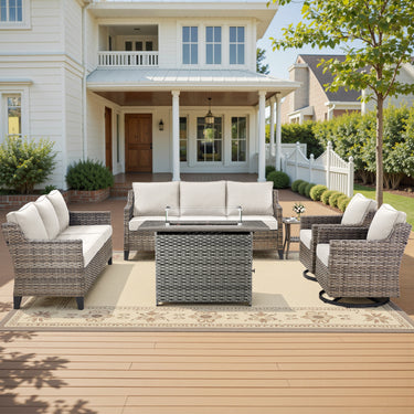 Belord 6-piece fire pit patio set with twin sofas, swivel chairs, side table, and hearth for outdoor entertaining.