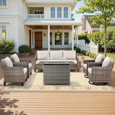 Belord 7-piece patio fire pit set with sofa, swivel chairs, and side table, ideal for outdoor gatherings and cozy evenings.