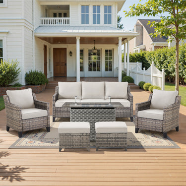 Belord 6-piece fire pit patio set with rattan sofa chairs and ottomans, featuring a fire table for outdoor hearth and entertaining.