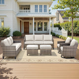 Belord 6-piece outdoor patio conversation set with high-back sectional, wicker swivel rockers, and matching chairs.