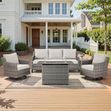 Belord 5-piece outdoor patio furniture set with wicker sofa, two swivel chairs, gray fire pit, and side table for outdoor seating.