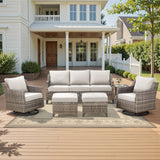 Belord 6-piece patio conversation set with sofa, 2 swivel chairs, 2 ottomans, and glass table for outdoor lounging.