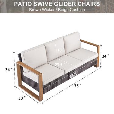 Belord deep-seat wicker patio sofa with wood grain frame, spacious 3-person outdoor conversation set from the HOP Series.