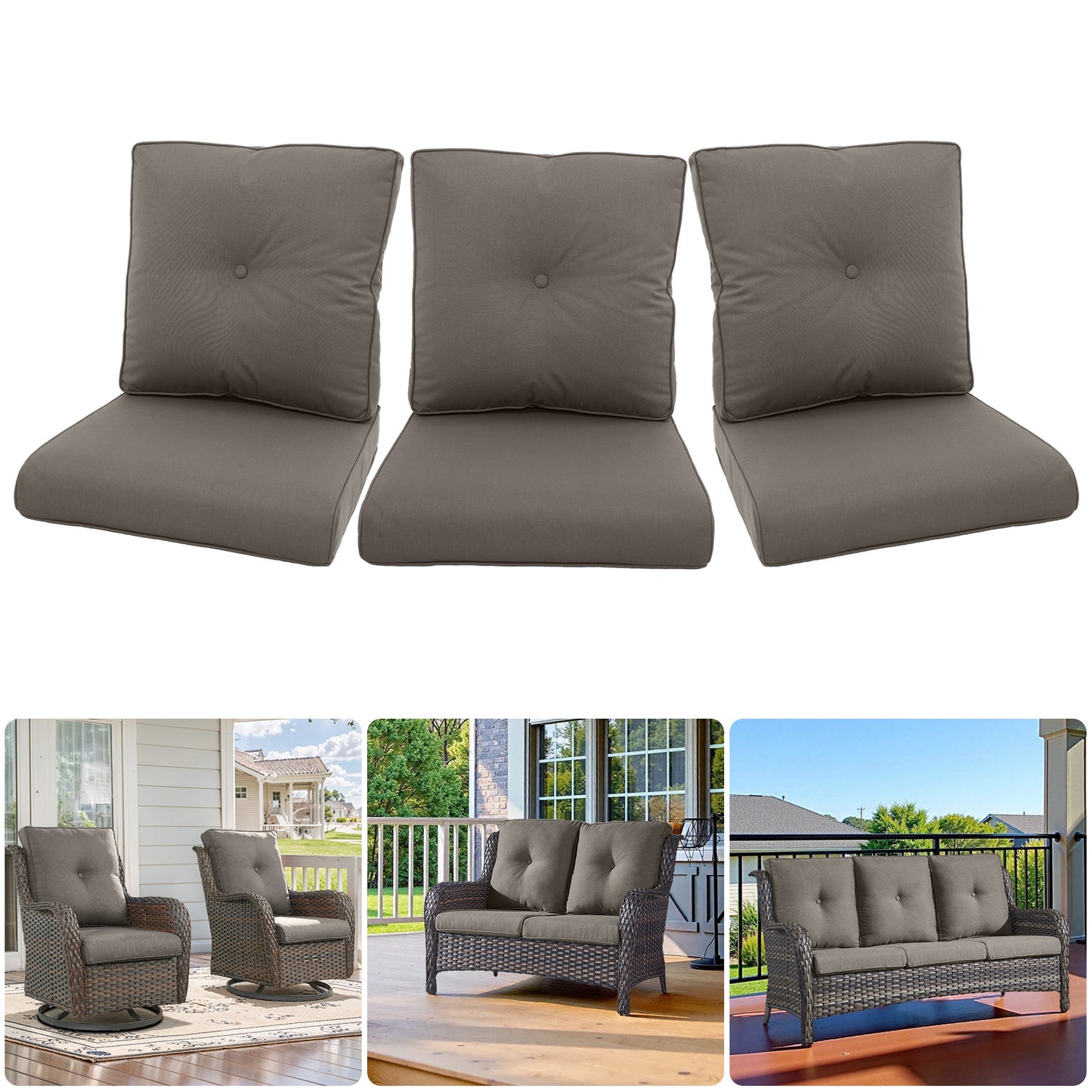 Outdoor Furniture Cushions with Removable Covers - Set of 6 (3 Seat & 3 Back) 22x24x4 Inch Patio Pillows