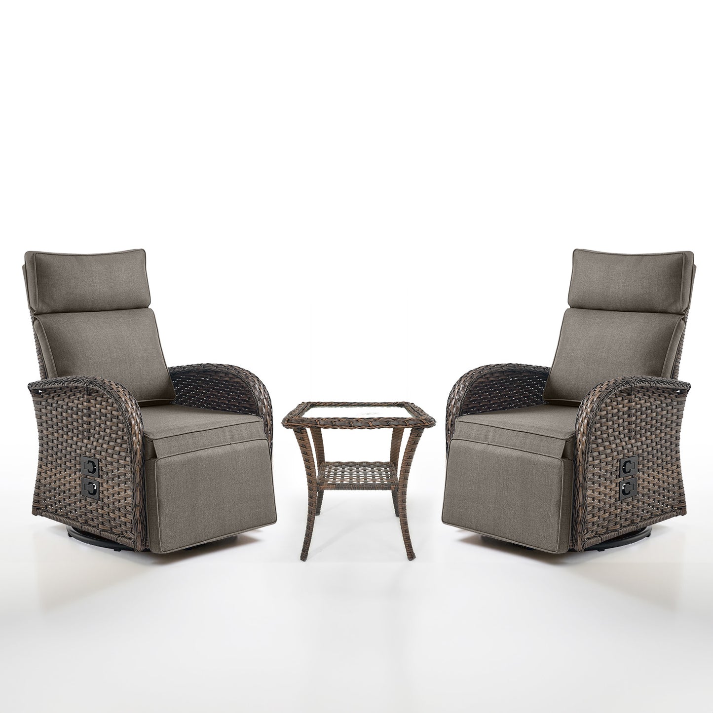 Luxury 3-Piece Adjustable Swivel Set - 360° Rotating PE Wicker Recliners with Side Tables, NDS Series