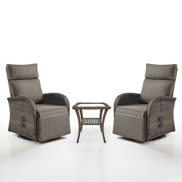 Luxury 3-Piece Adjustable Swivel Set - 360° Rotating PE Wicker Recliners with Side Tables, NDS Series - Belord