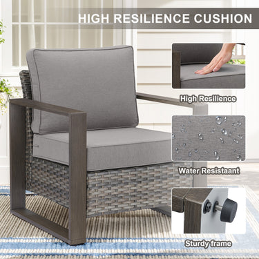 Belord ergonomic high-back wicker patio chair with deep seat and 15° tilt in a conversation set, ideal for outdoor relaxation.