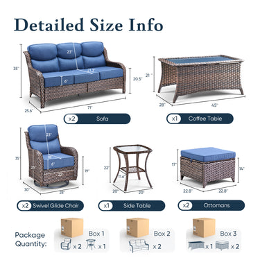 Belord 8-piece patio wicker sofa set with swivel rocker chairs, featuring cushioned seats and stylish outdoor furniture for patio comfort.