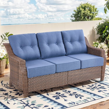 Belord outdoor wicker 3-seat patio sofa with plush 6-inch cushions from the Ovolo Series, perfect for garden or patio lounging.