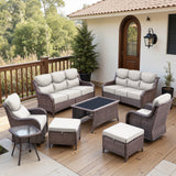 Belord 8-piece patio wicker sofa set with swivel rocker chairs, perfect for outdoor conversation and relaxation.