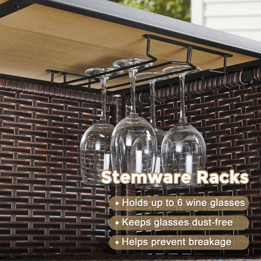 Belord 3-piece outdoor tiki bar set with canopy, wicker table, bar stools, wine rack, and storage for patio entertaining.