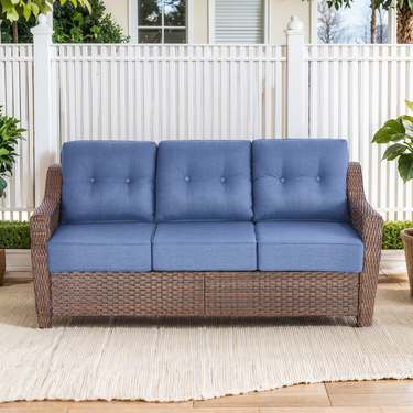Belord Outdoor Wicker 3-seat patio sofa with thick cushions from the OVOL series, featuring woven wicker design and plush seating.