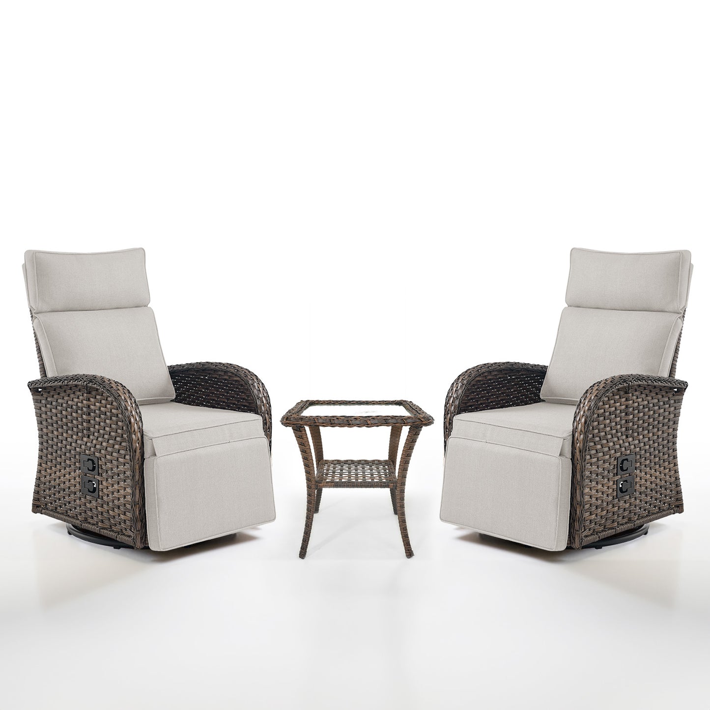 Luxury 3-Piece Adjustable Swivel Set - 360° Rotating PE Wicker Recliners with Side Tables, NDS Series