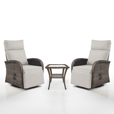 Luxury 3-Piece Adjustable Swivel Set - 360° Rotating PE Wicker Recliners with Side Tables, NDS Series - Belord