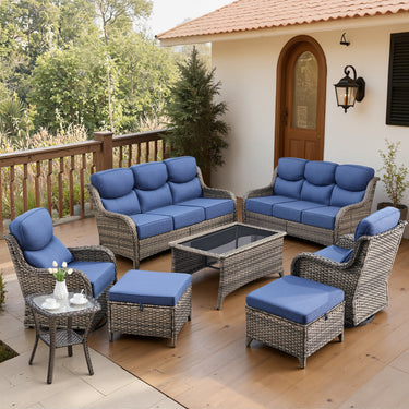 Belord 8-piece patio wicker sofa set with swivel rocker chairs, perfect for outdoor conversation and relaxation.