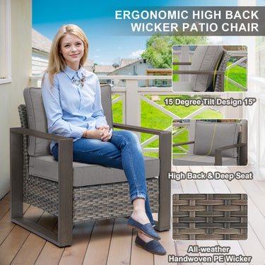 Belord ergonomic high-back wicker patio chair with deep seat and 15° tilt, perfect for outdoor conversation sets.