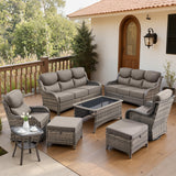 Belord 8-piece patio wicker sofa set with swivel rocker chairs, featuring cushioned seating for outdoor conversation and relaxation.