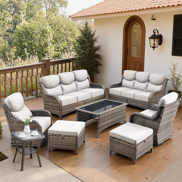Belord 8-piece patio wicker sofa set with swivel rocker chairs, featuring plush cushions and a stylish outdoor conversation arrangement.