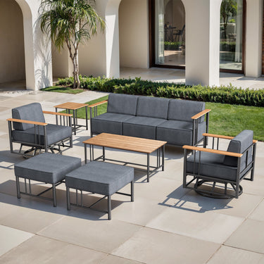 Belord BINGLI 7-piece patio set with high-back swivel rockers and coffee table, ideal for outdoor dining and relaxation.