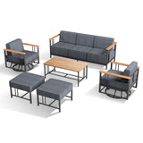 Set of six Belord BINGLI patio chairs with high-back swivel rockers and a matching coffee table outdoors.