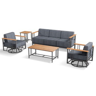 Belord 5-piece patio furniture set with swivel chairs, sofa, and tables from the BINGLI series, shown in an outdoor setting.