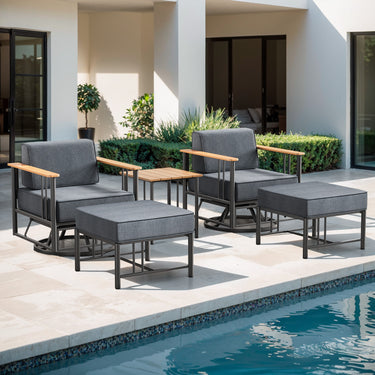 Belord patio swivel rocker chairs set with matching ottomans and table, featuring a stylish outdoor seating arrangement.