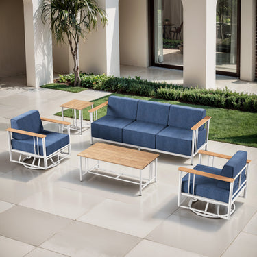 Belord 5-piece patio furniture set with swivel chairs, sofa, and tables from the BINGLI Series, outdoor seating and lounging ensemble.