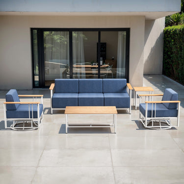 Belord 5-piece patio furniture set with swivel chairs, sofa and tables from the BINGLI Series, designed for outdoor relaxation.