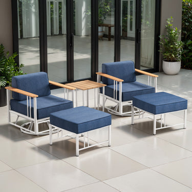 Belord BINGLI patio swivel rocker chairs set with ottomans and table, featuring white cushions and sturdy metal frames.