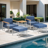 Belord BINGLI patio swivel rocker chairs set with ottomans and table, featuring white cushions and sturdy frame, outdoor furniture.
