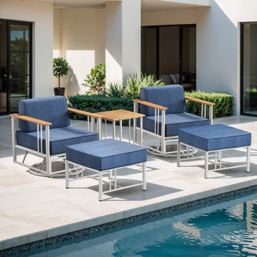 Belord BINGLI patio swivel rocker chairs set with ottomans and table, featuring white cushions and sturdy frame, outdoor furniture.