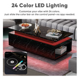 Belord LED coffee table with wireless charging, built-in speaker, high-gloss finish, and storage for modern living rooms.