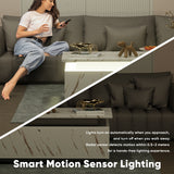 Modern Belord LED coffee table with wireless charging, built-in speaker, high-gloss finish, and storage for living room use.