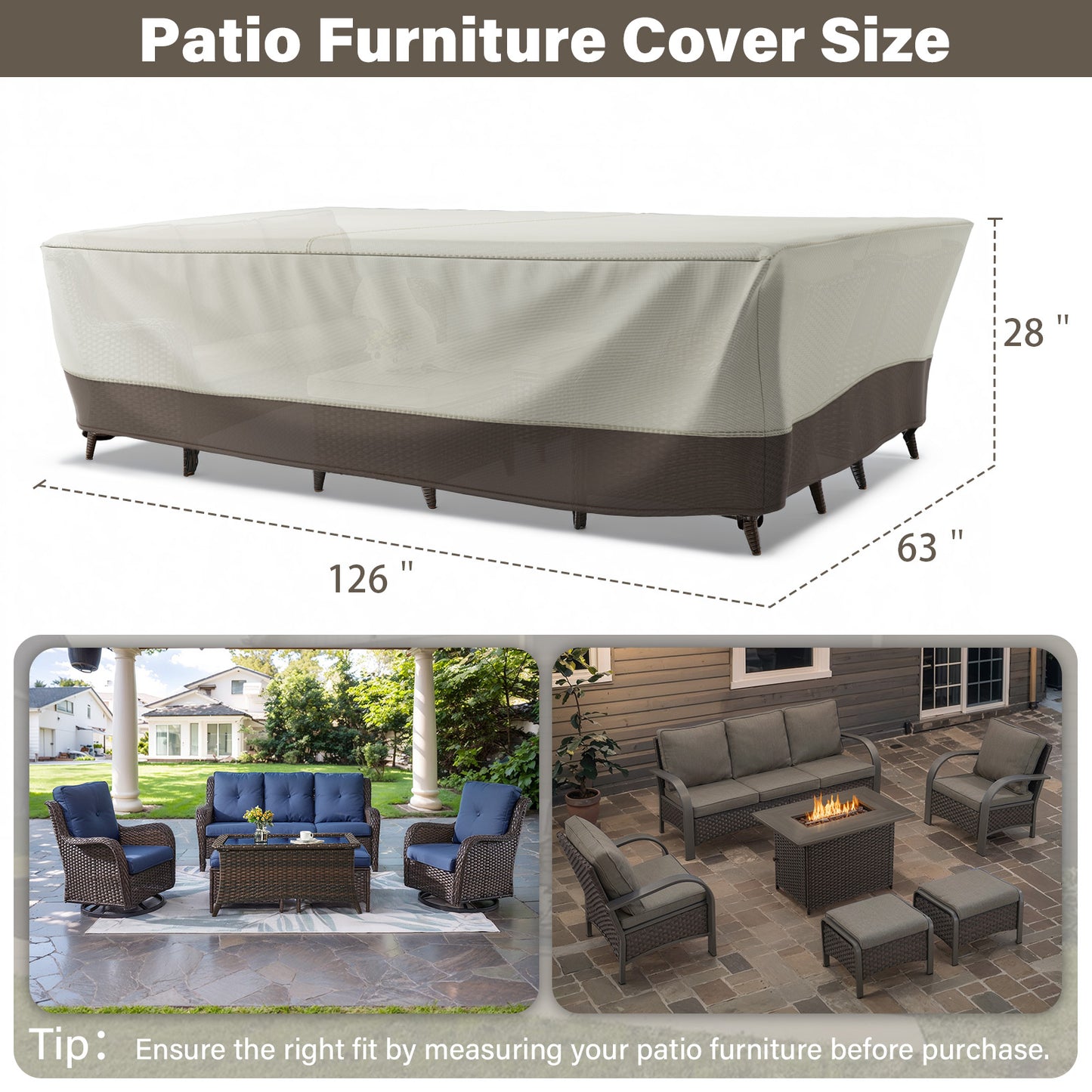 Patio Furniture Covers, 126 Inch L x 63 Inch W x 28 Inch H