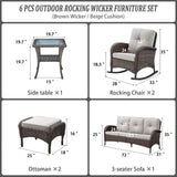 Patio Conversation Set 6-Piece with Sofa, Rocking Chairs, Side Table, and Ottoman, NDS Series - Belord